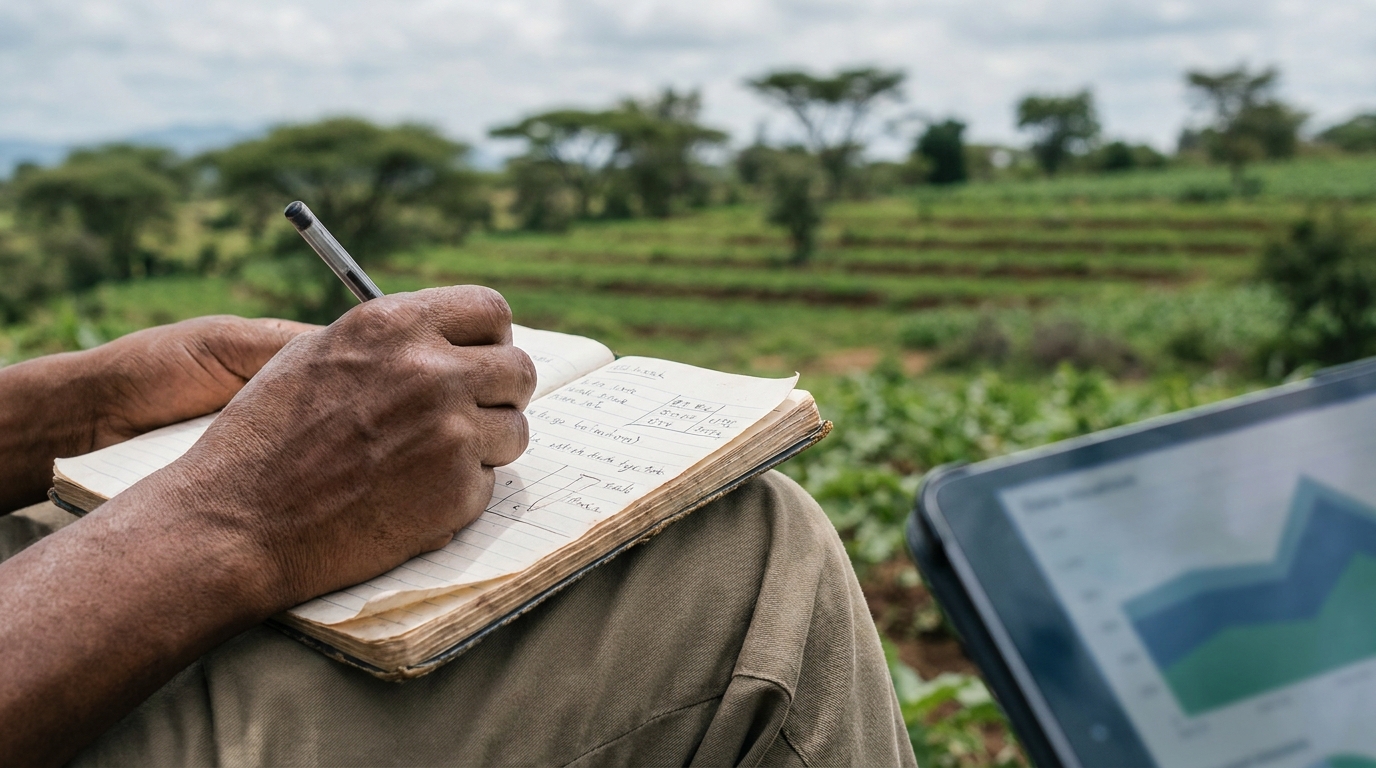 Hands writing in a field notebook resting on a knee, with an out-of-focus agricultural landscape behind.